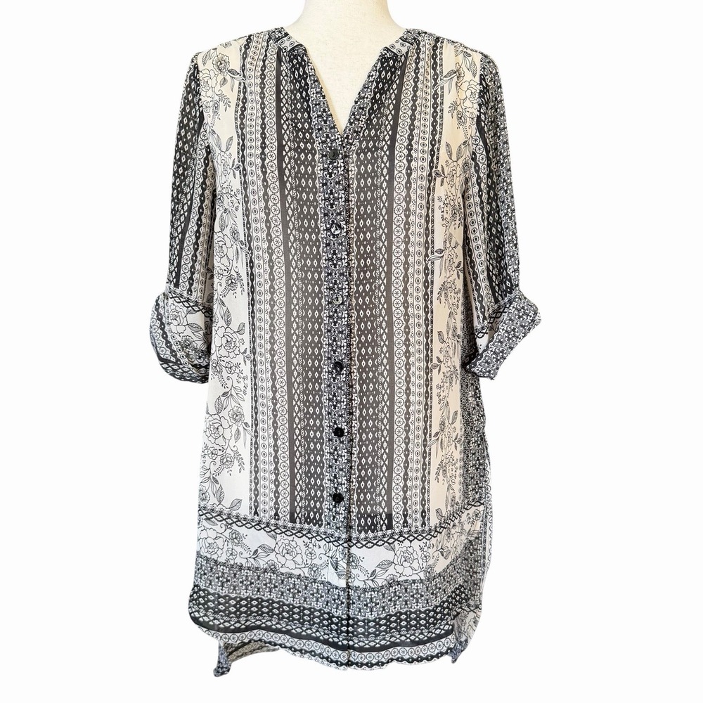 Roz & Ali Floral Tunic Blouse Small•Button Up Roll Tab Sleeve Monochrome Prairie